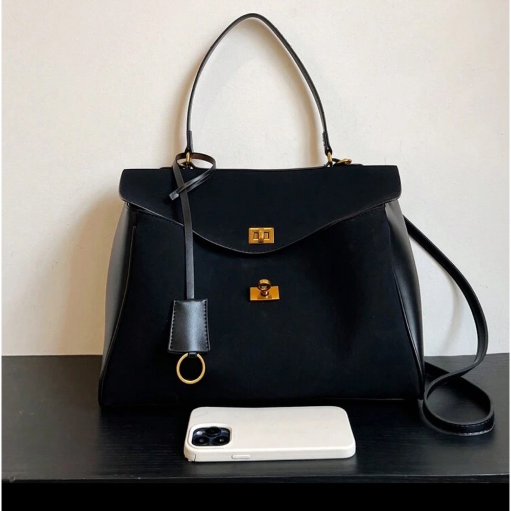 Black faux suede & faux leather contrast tote shoulder bag / handbag purse - Picture 4 of 9